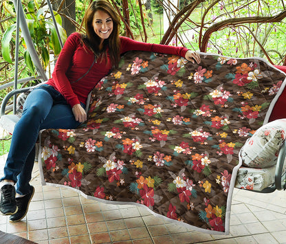 Brown Camo Hibiscus Flower Print Quilt