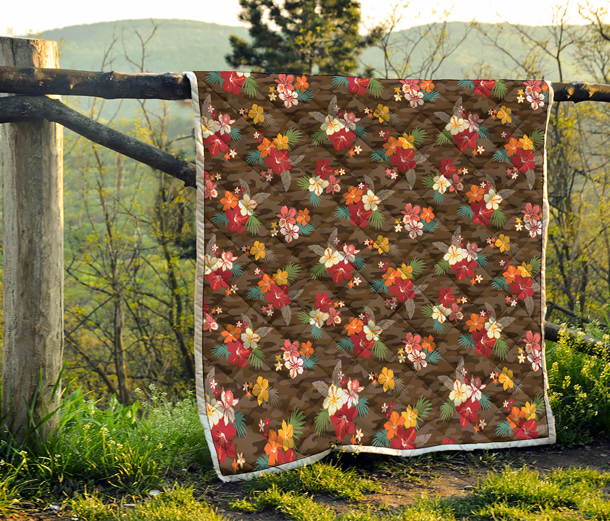 Brown Camo Hibiscus Flower Print Quilt