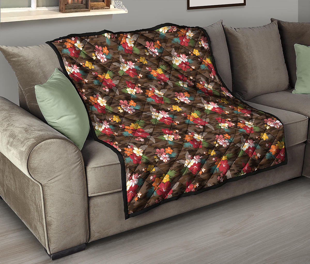 Brown Camo Hibiscus Flower Print Quilt