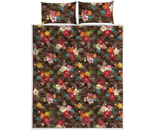 Brown Camo Hibiscus Flower Print Quilt Bed Set