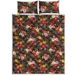 Brown Camo Hibiscus Flower Print Quilt Bed Set
