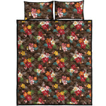 Brown Camo Hibiscus Flower Print Quilt Bed Set