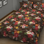 Brown Camo Hibiscus Flower Print Quilt Bed Set