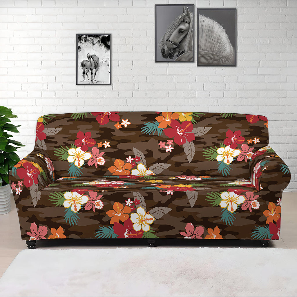 Brown Camo Hibiscus Flower Print Sofa Cover