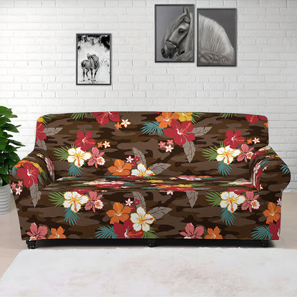 Brown Camo Hibiscus Flower Print Sofa Cover
