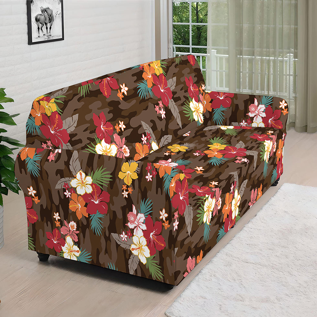 Brown Camo Hibiscus Flower Print Sofa Cover