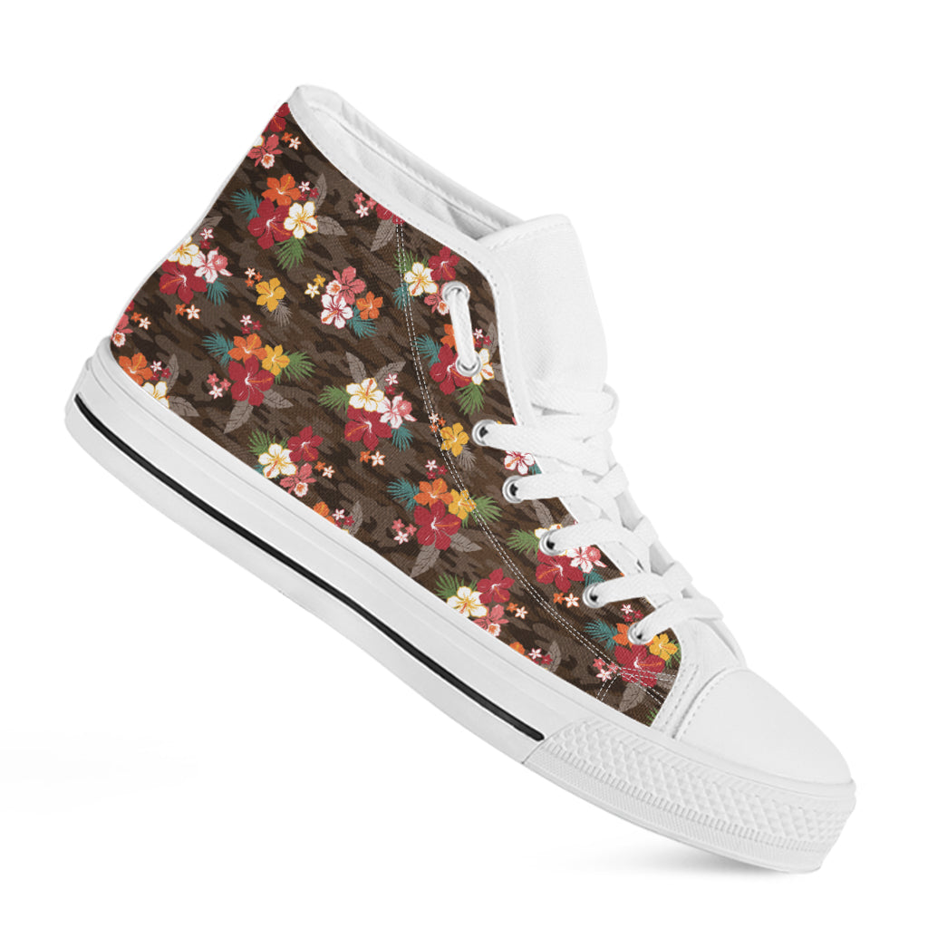 Brown Camo Hibiscus Flower Print White High Top Shoes
