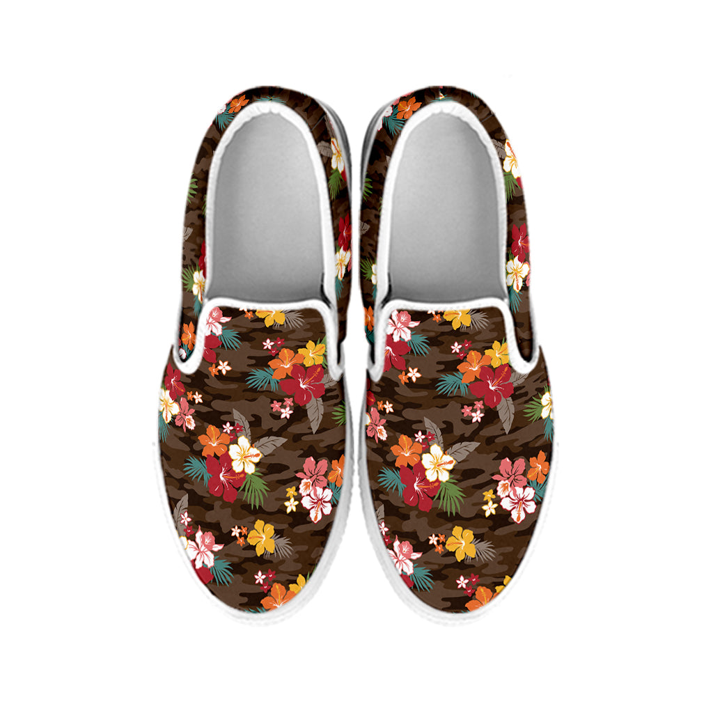 Brown Camo Hibiscus Flower Print White Slip On Shoes