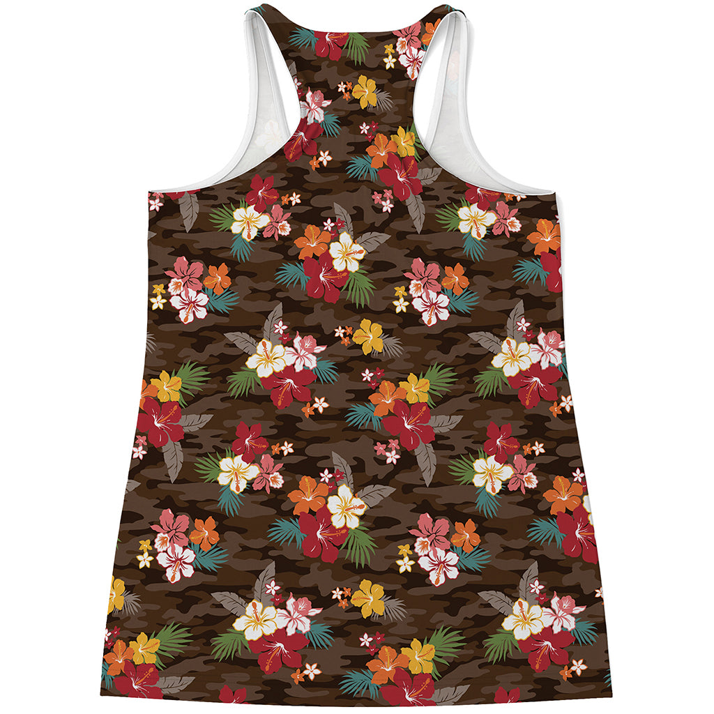 Brown Camo Hibiscus Flower Print Women's Racerback Tank Top