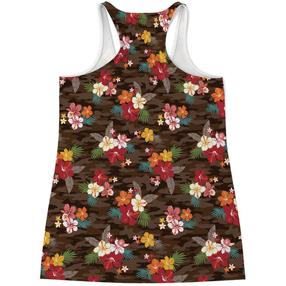 Brown Camo Hibiscus Flower Print Women's Racerback Tank Top