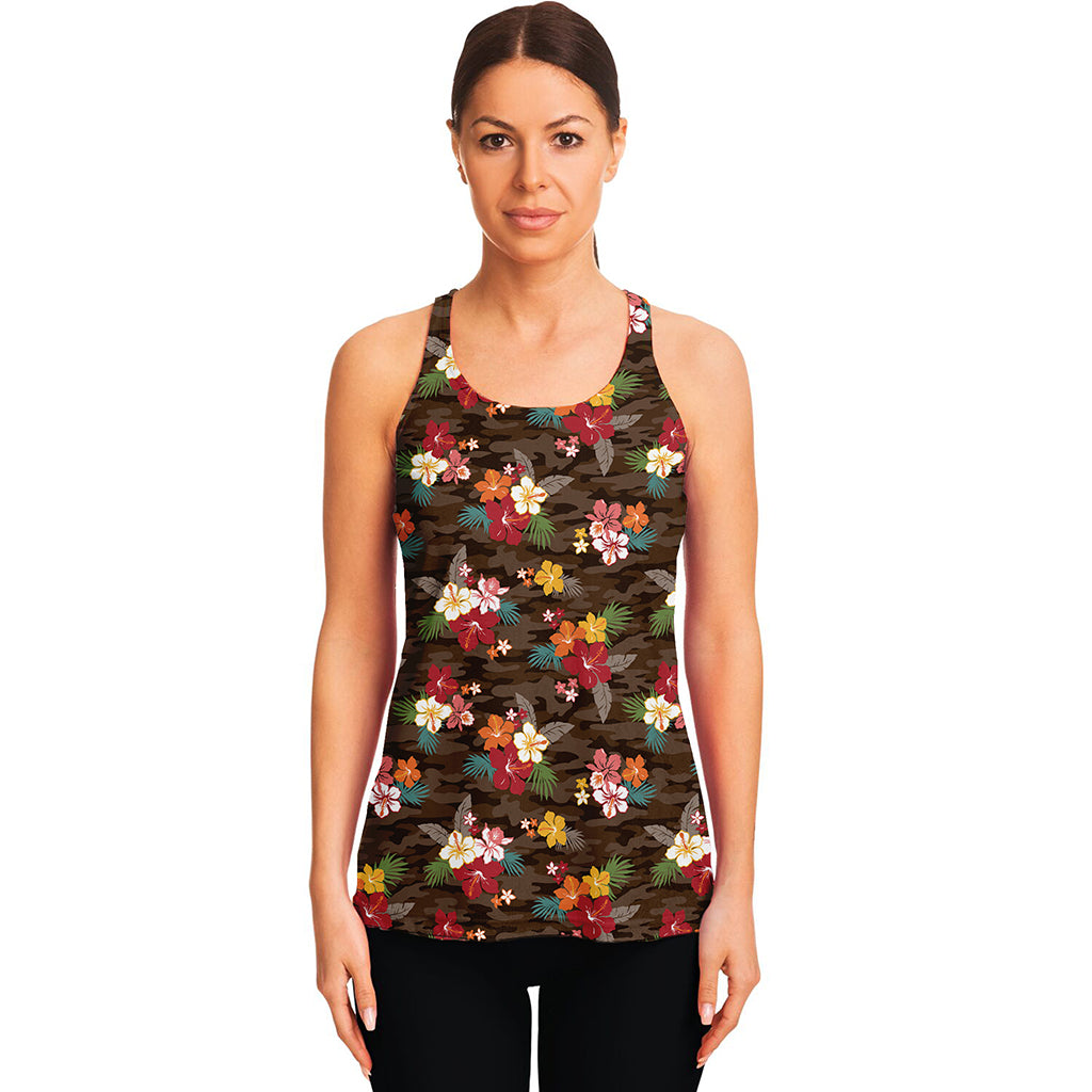 Brown Camo Hibiscus Flower Print Women's Racerback Tank Top