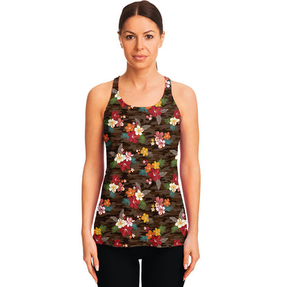 Brown Camo Hibiscus Flower Print Women's Racerback Tank Top
