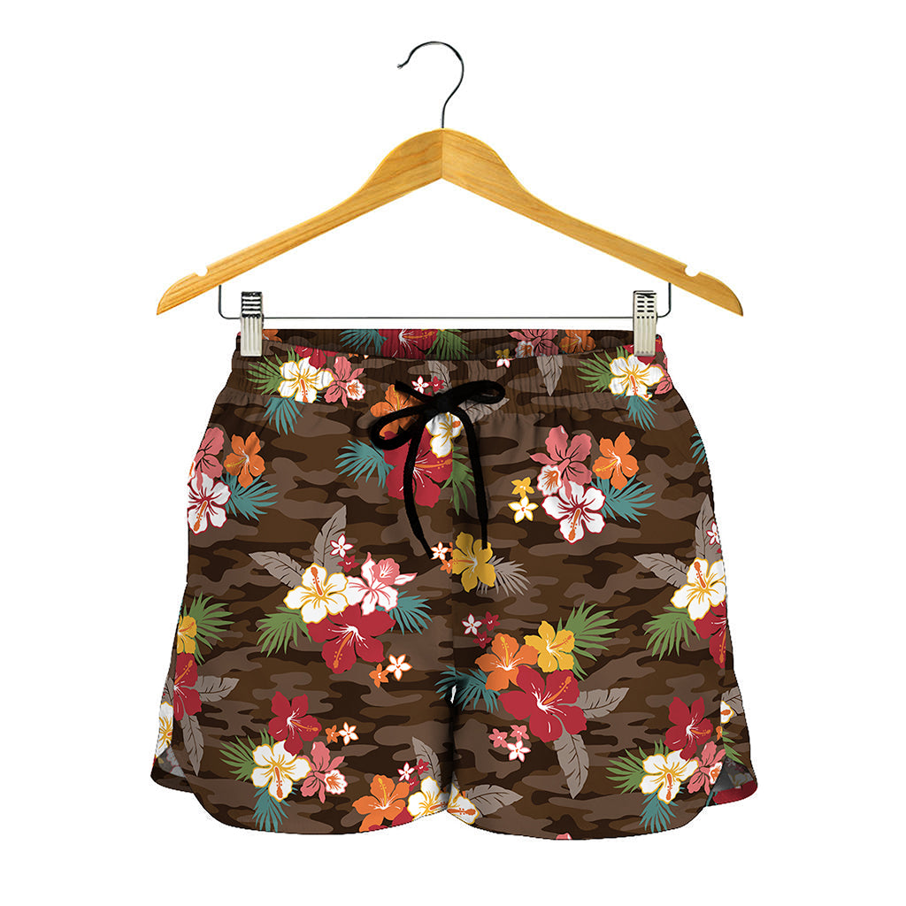 Brown Camo Hibiscus Flower Print Women's Shorts