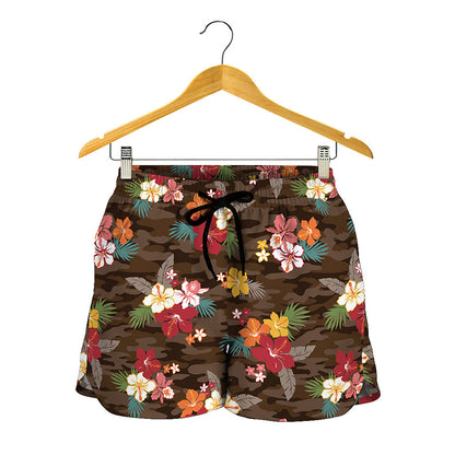 Brown Camo Hibiscus Flower Print Women's Shorts