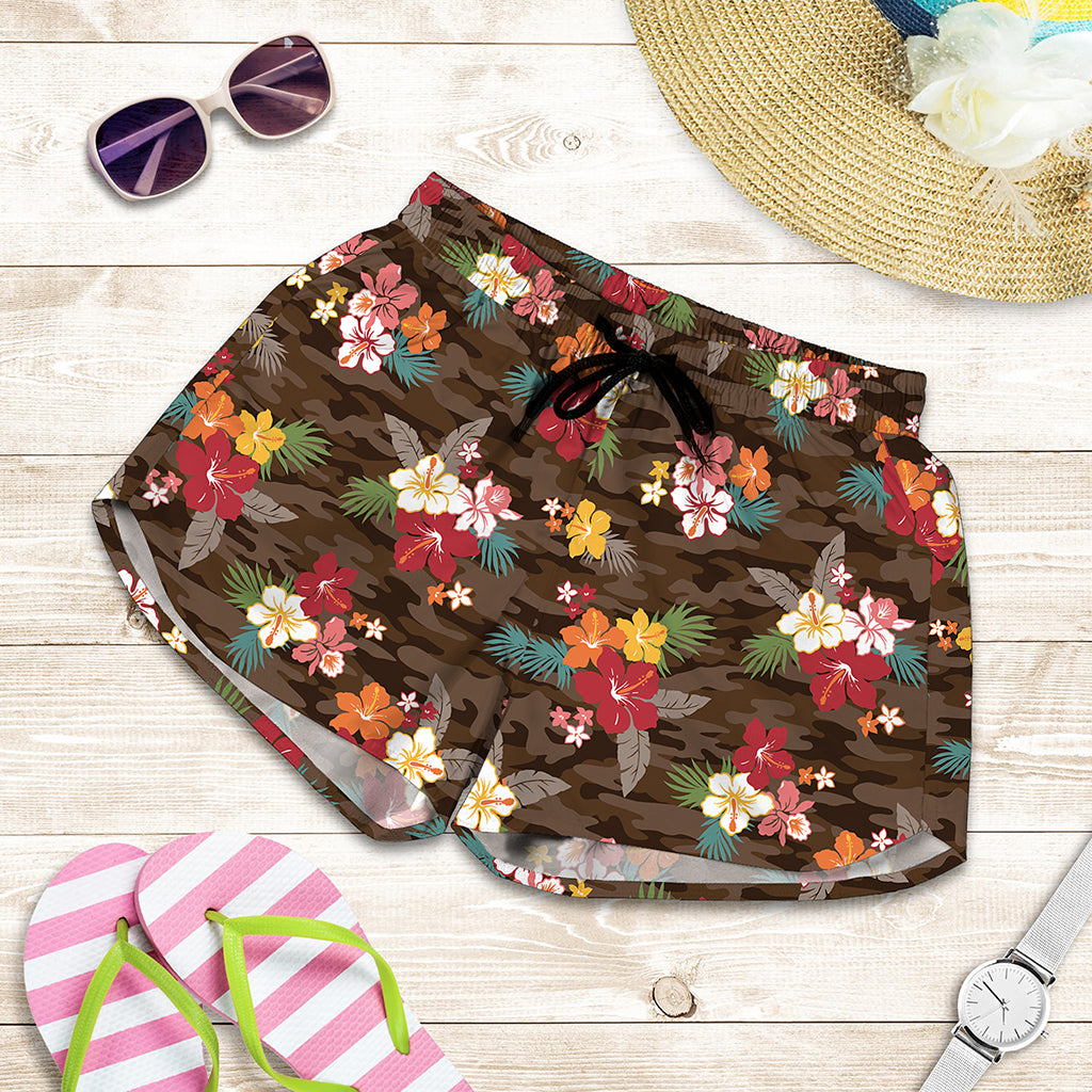 Brown Camo Hibiscus Flower Print Women's Shorts