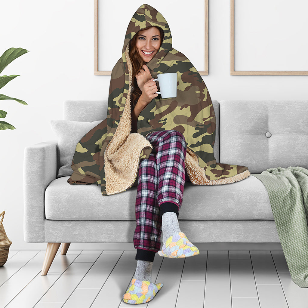 Brown Camouflage Print Hooded Blanket