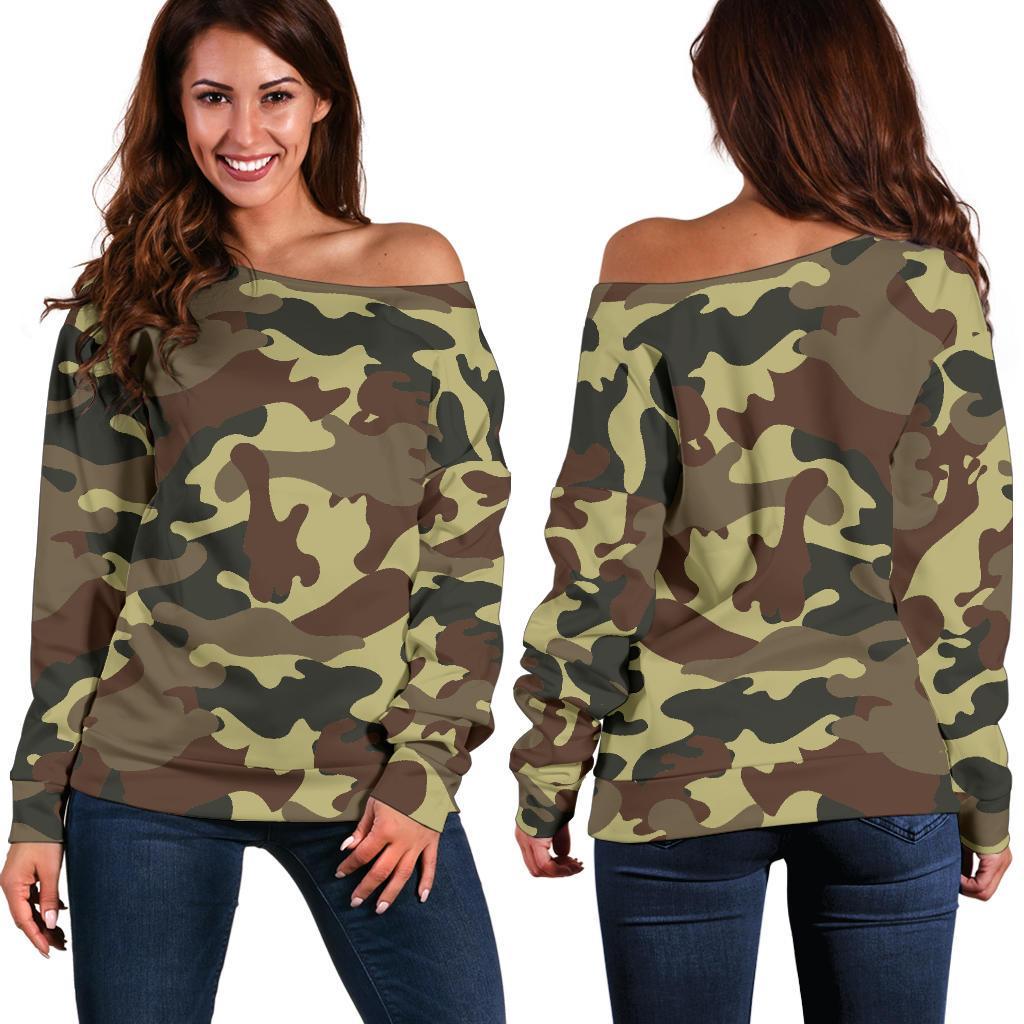 Brown Camouflage Print Off Shoulder Sweatshirt GearFrost