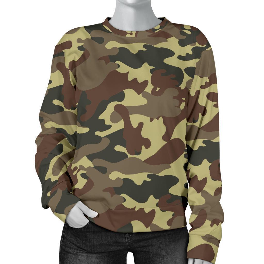 Brown Camouflage Print Women's Crewneck Sweatshirt GearFrost