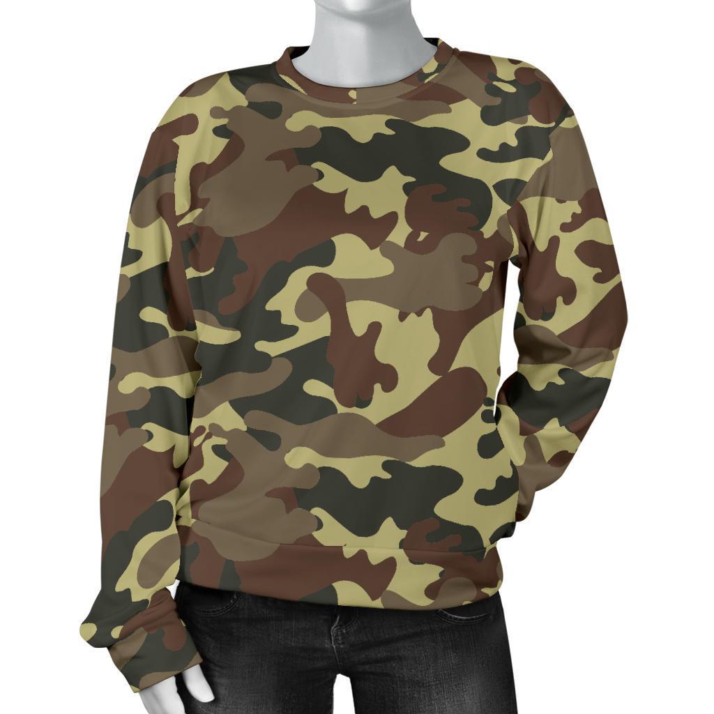 Brown Camouflage Print Women's Crewneck Sweatshirt GearFrost