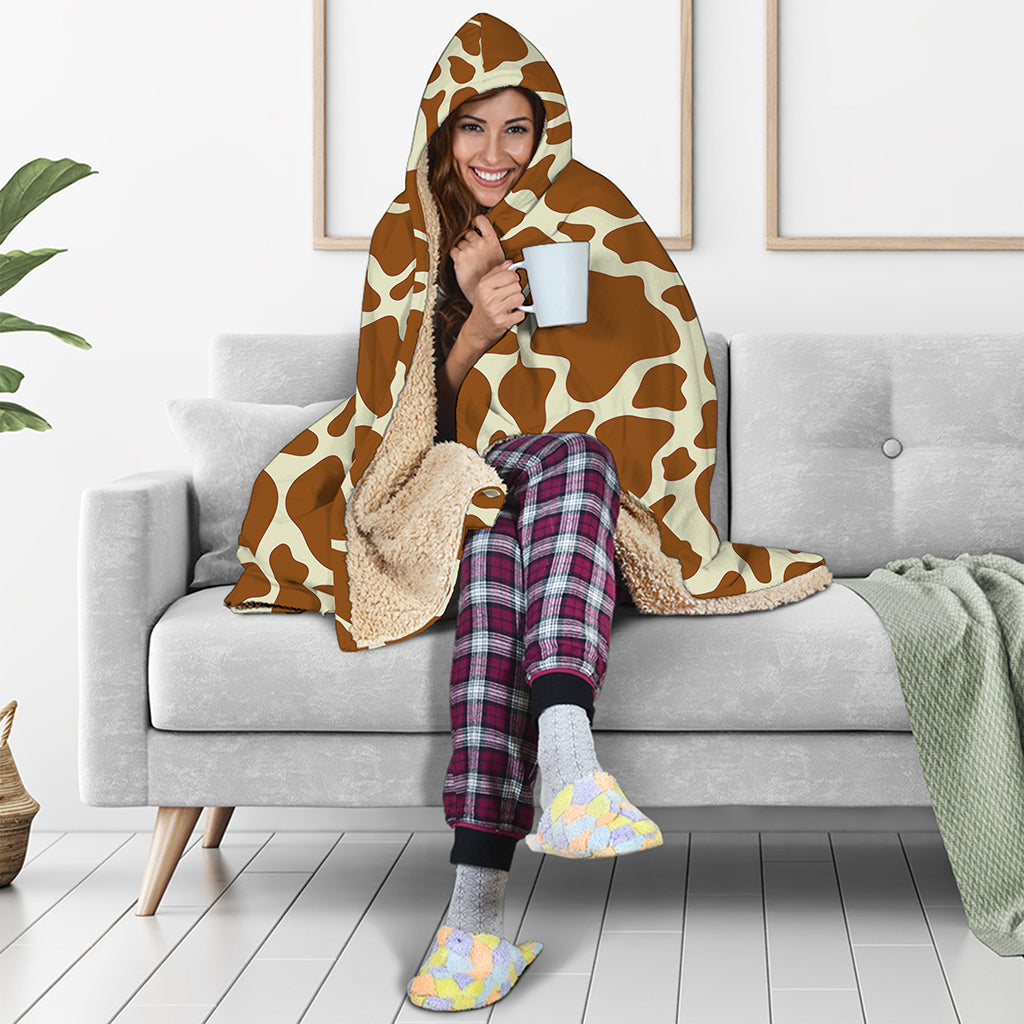 Brown Cow Print Hooded Blanket