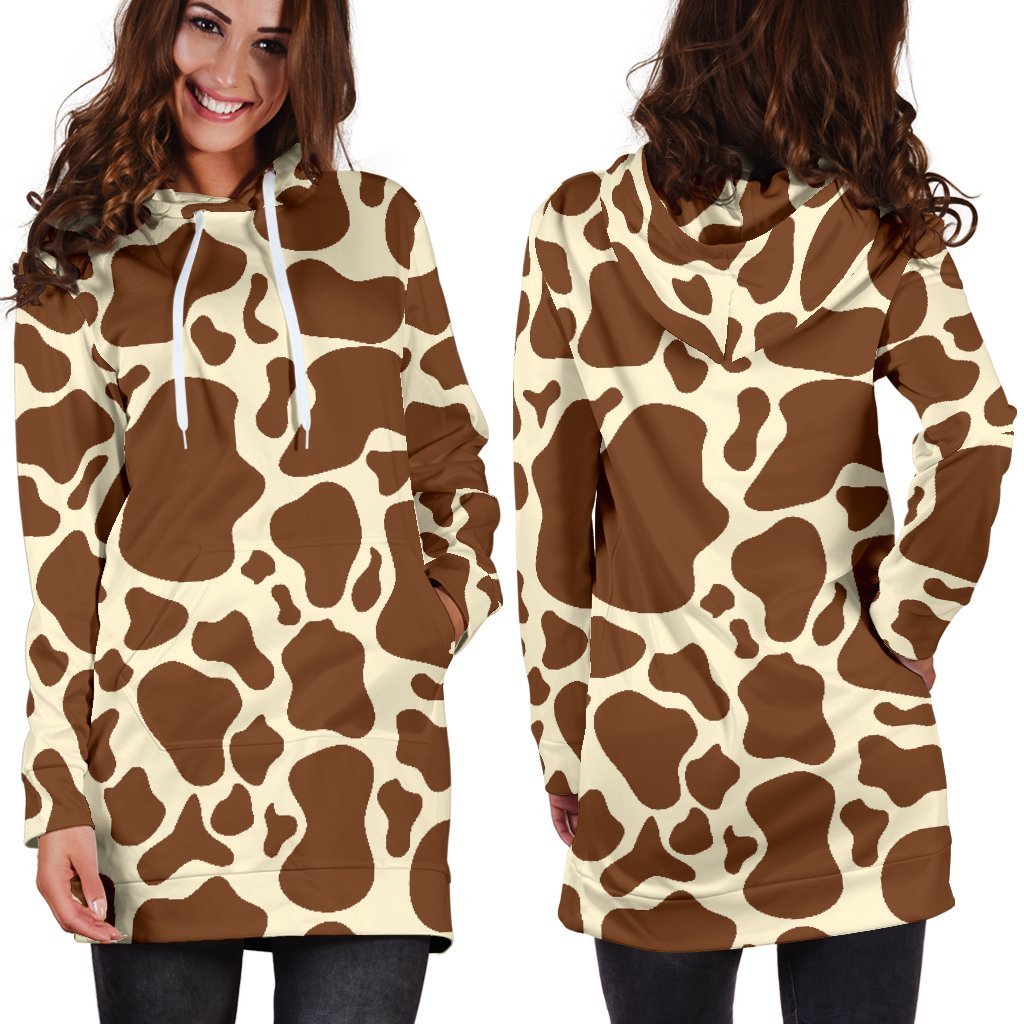 Brown Cow Print Hoodie Dress GearFrost