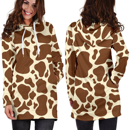 Brown Cow Print Hoodie Dress GearFrost