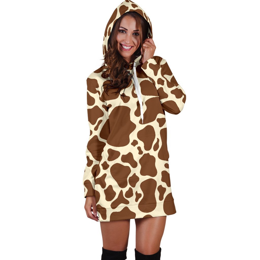 Brown Cow Print Hoodie Dress GearFrost