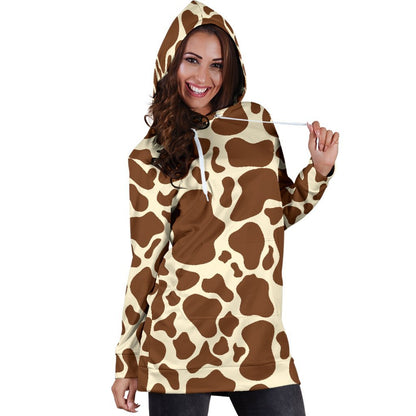 Brown Cow Print Hoodie Dress GearFrost
