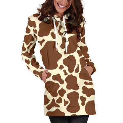 Brown Cow Print Hoodie Dress GearFrost