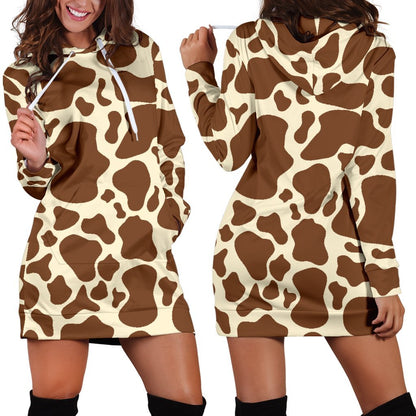 Brown Cow Print Hoodie Dress GearFrost