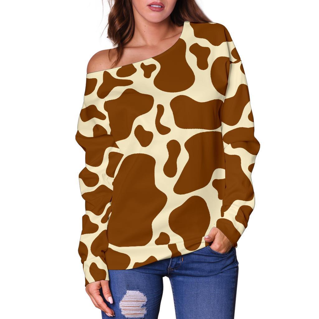 Brown Cow Print Off Shoulder Sweatshirt GearFrost