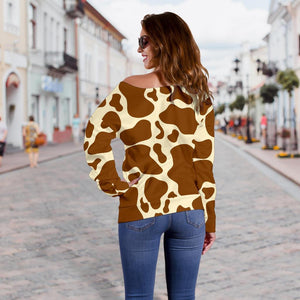 Brown Cow Print Off Shoulder Sweatshirt GearFrost