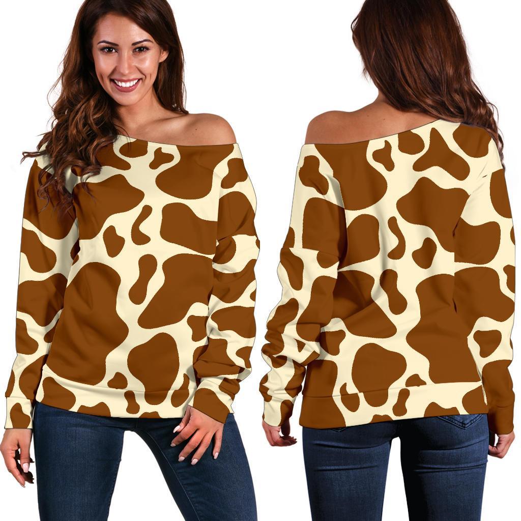 Brown Cow Print Off Shoulder Sweatshirt GearFrost