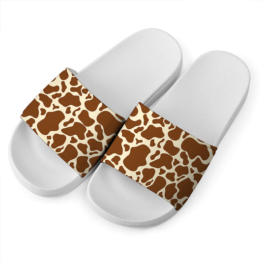 Brown Cow Print White Slide Sandals