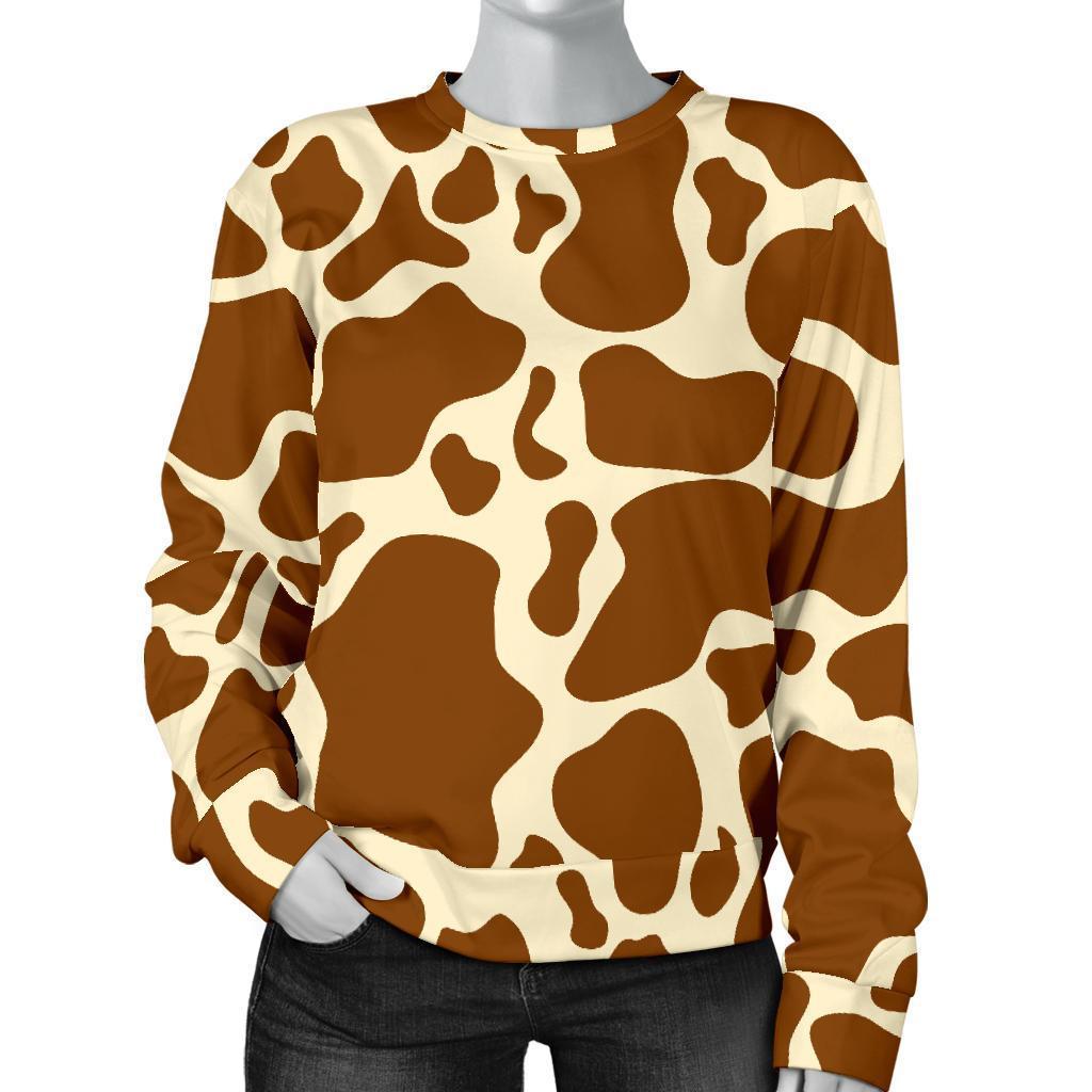 Brown Cow Print Women's Crewneck Sweatshirt GearFrost