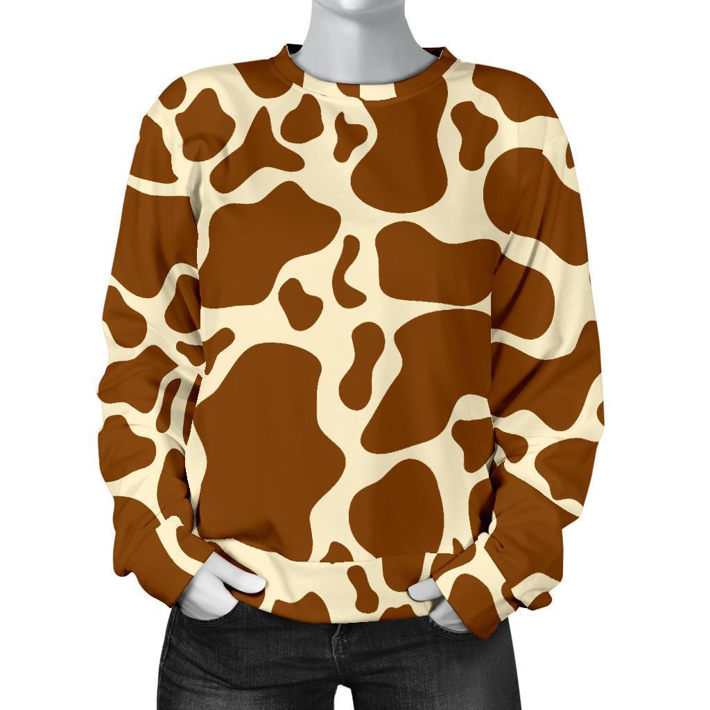 Brown Cow Print Women's Crewneck Sweatshirt GearFrost