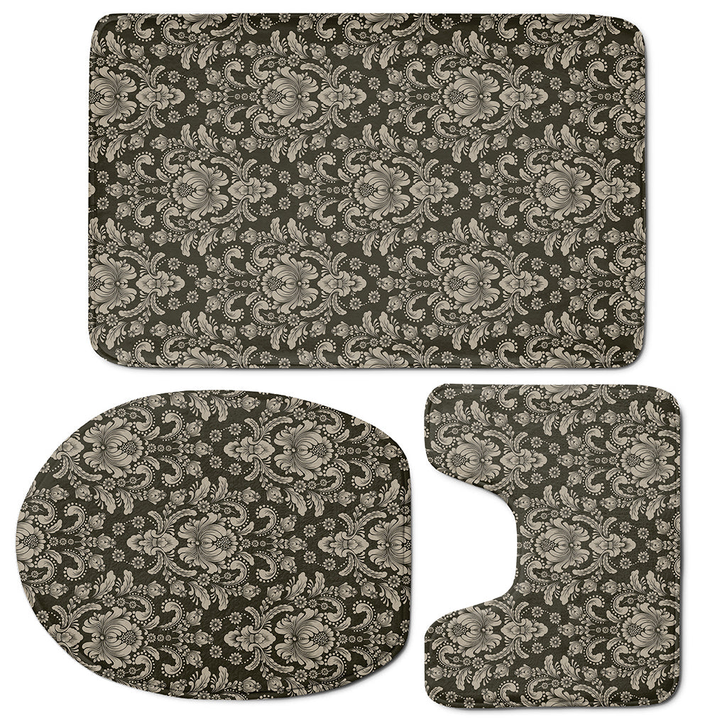 Brown Damask Pattern Print 3 Piece Bath Mat Set