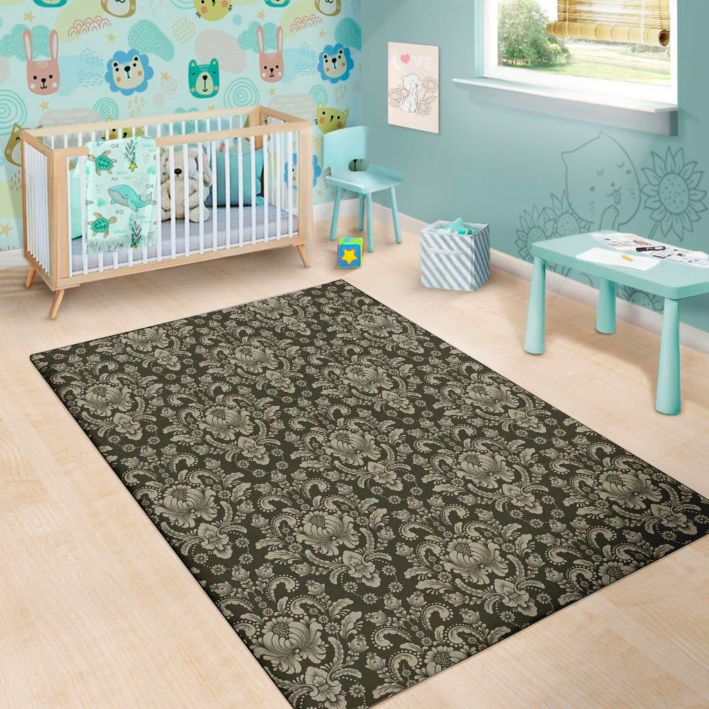 Brown Damask Pattern Print Area Rug