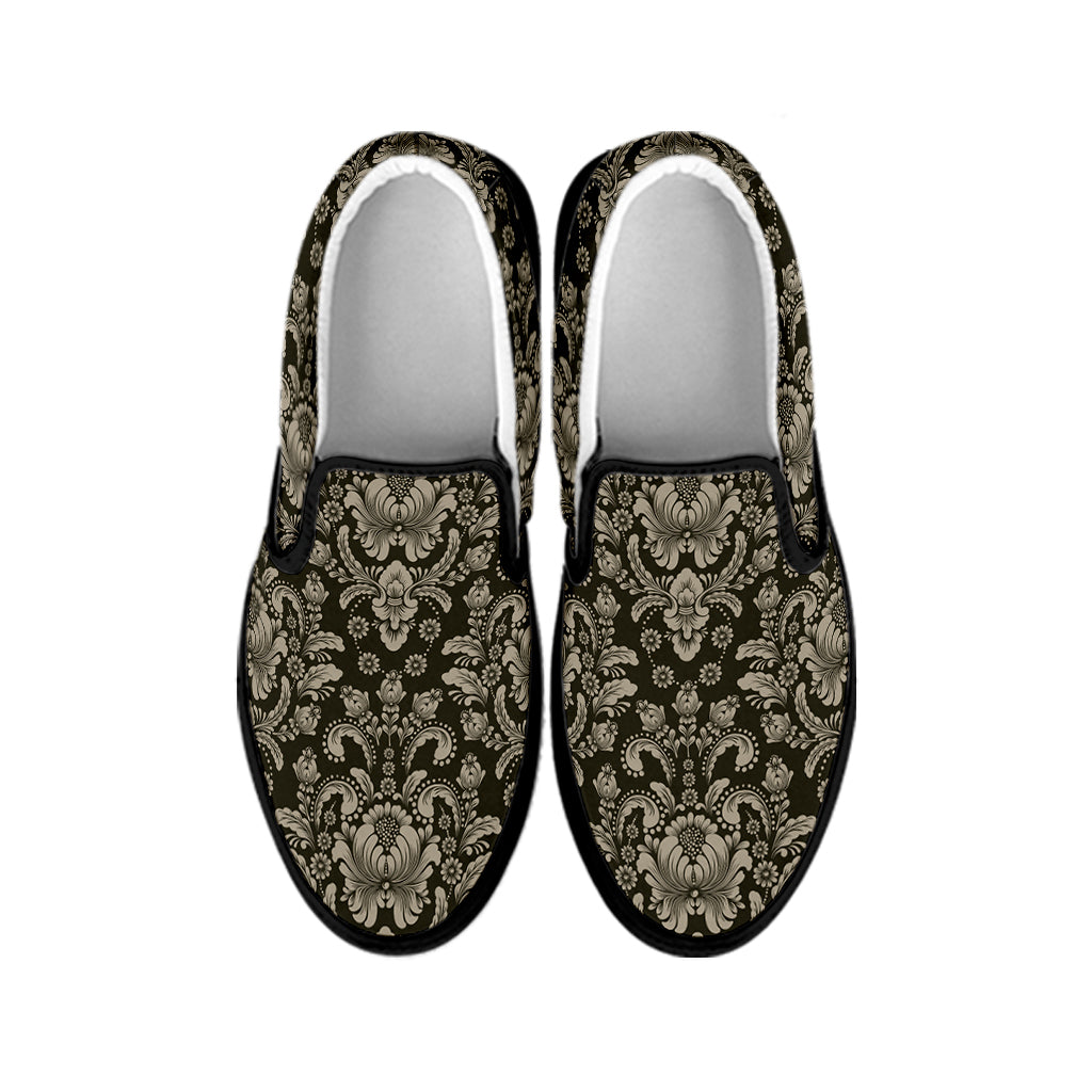 Brown Damask Pattern Print Black Slip On Shoes