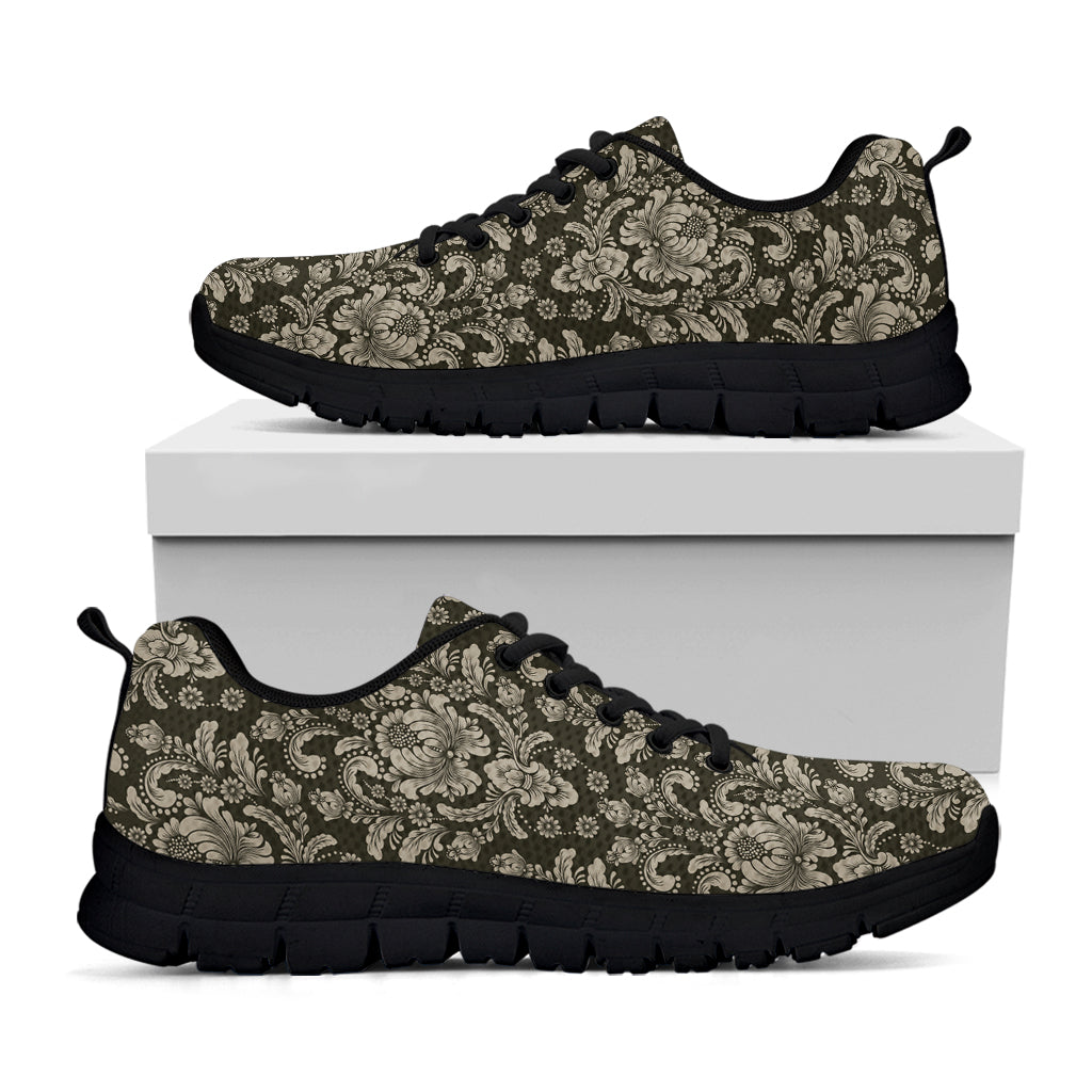 Brown Damask Pattern Print Black Sneakers