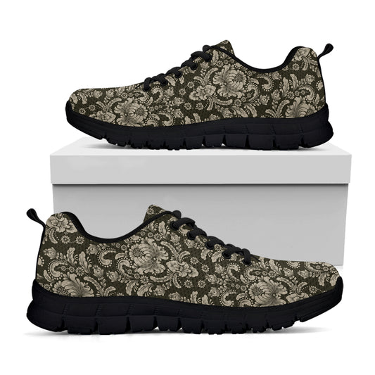 Brown Damask Pattern Print Black Sneakers