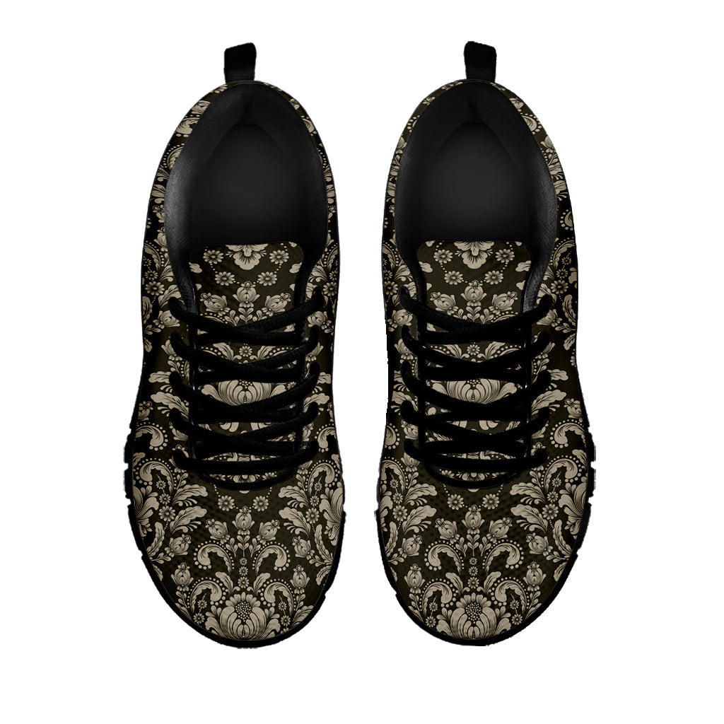 Brown Damask Pattern Print Black Sneakers