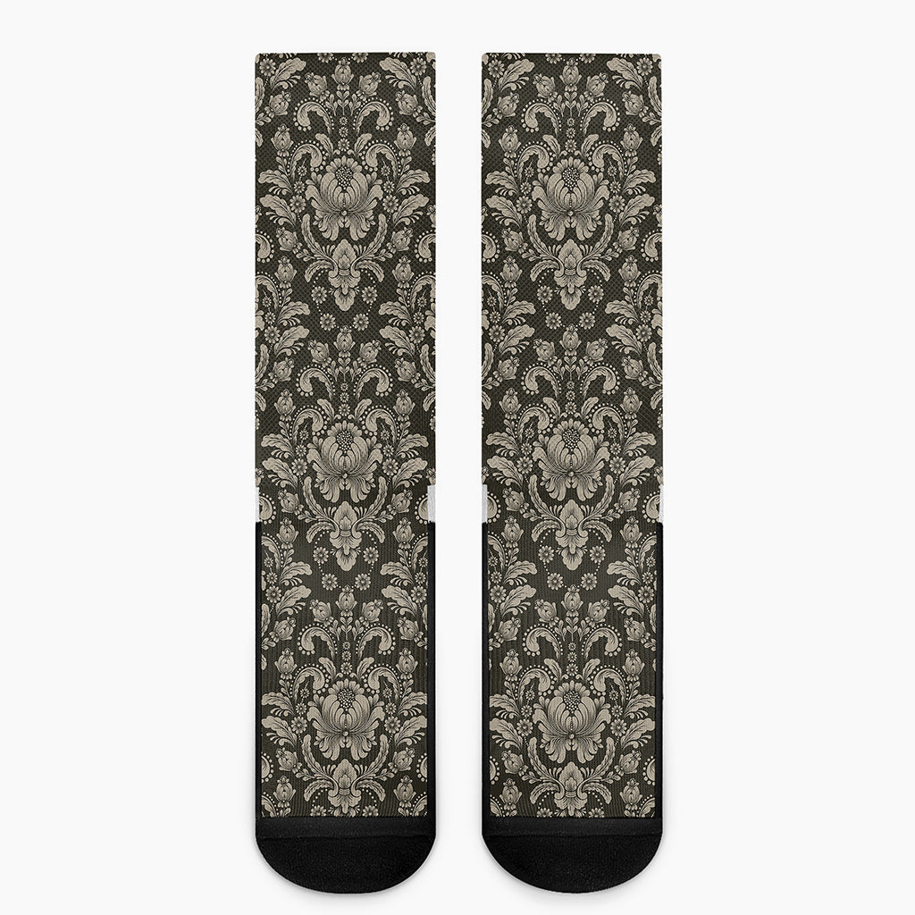 Brown Damask Pattern Print Crew Socks