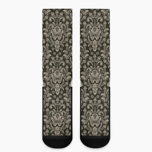 Brown Damask Pattern Print Crew Socks