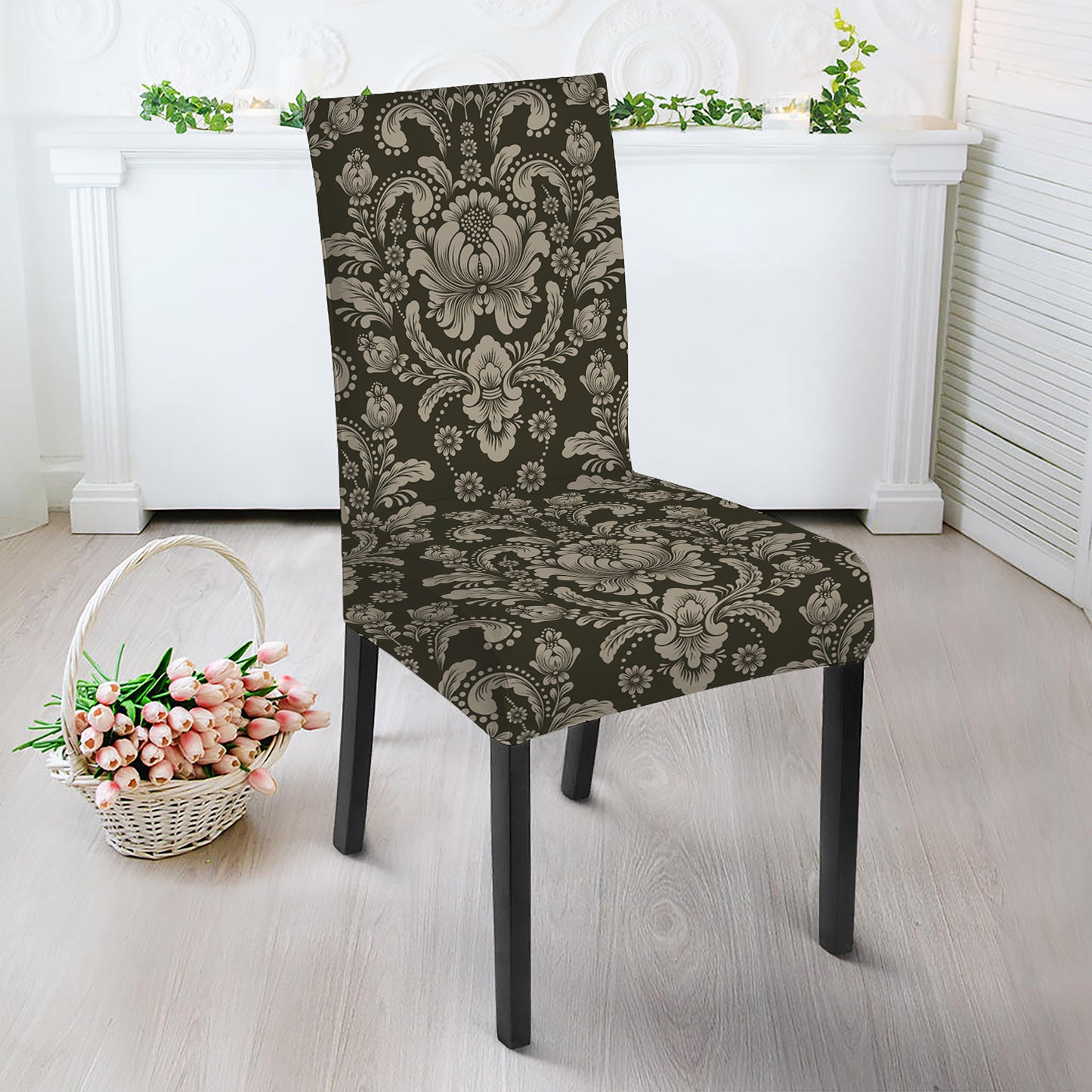 Brown Damask Pattern Print Dining Chair Slipcover