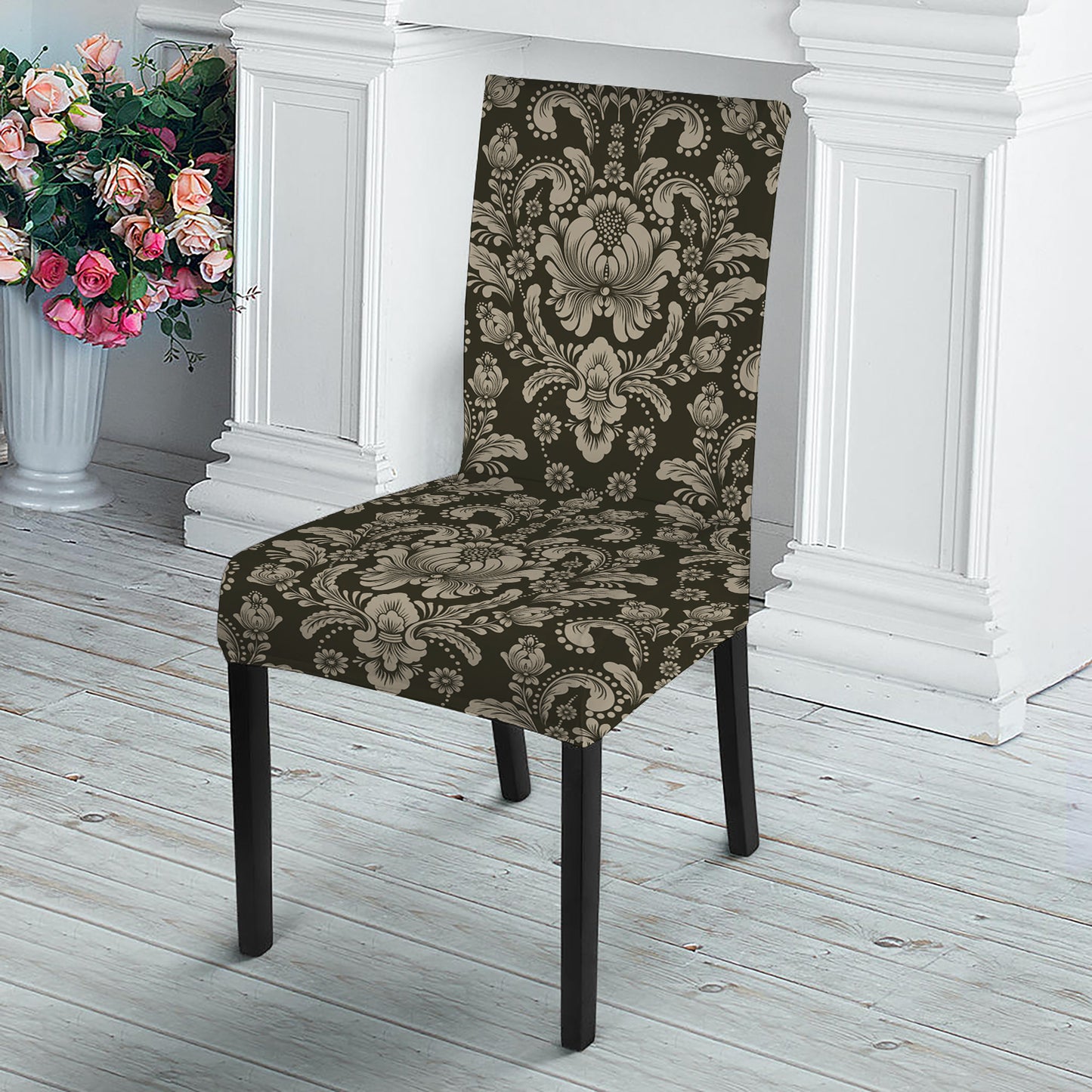 Brown Damask Pattern Print Dining Chair Slipcover