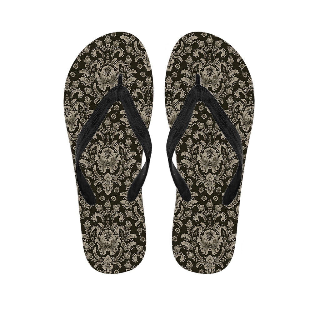 Brown Damask Pattern Print Flip Flops