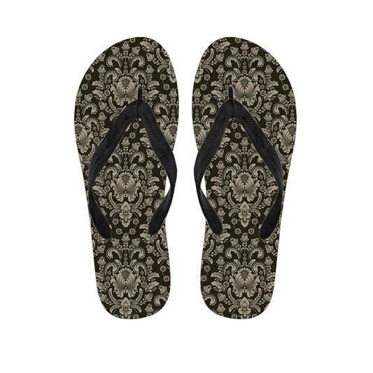 Brown Damask Pattern Print Flip Flops