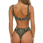 Brown Damask Pattern Print Front Bow Tie Bikini