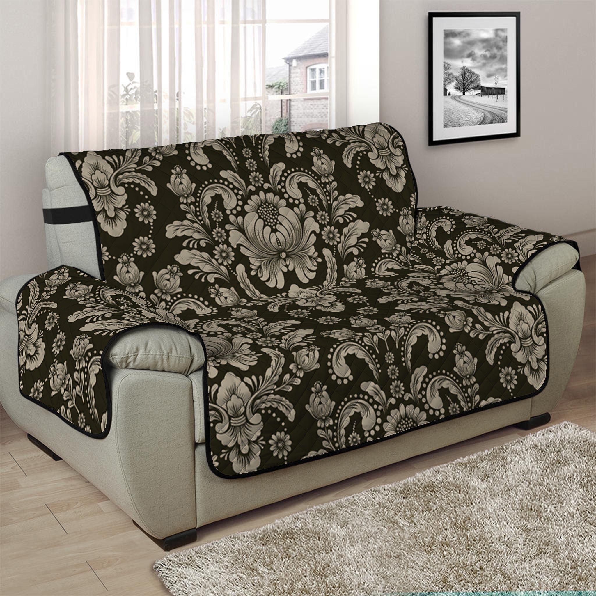 Brown Damask Pattern Print Half Sofa Protector